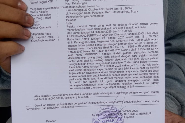 Honda Beat Warga Raib di Samping Ruko Jahit, Pelaku Kabur Saat Ditegur Saksi